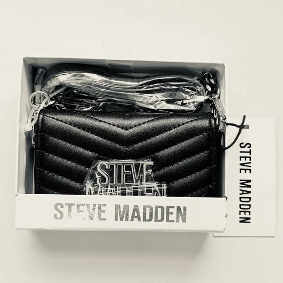 Steve Madden Black Quilted Crossbody Mini-Bag wallet Clutch Chain Strap Box NWT - Picture 1 of 7